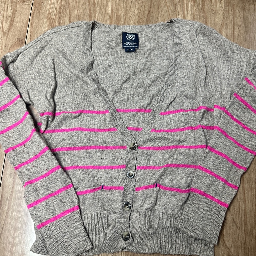 American Eagle Outfitters Gray and Pink Striped Cardigan
